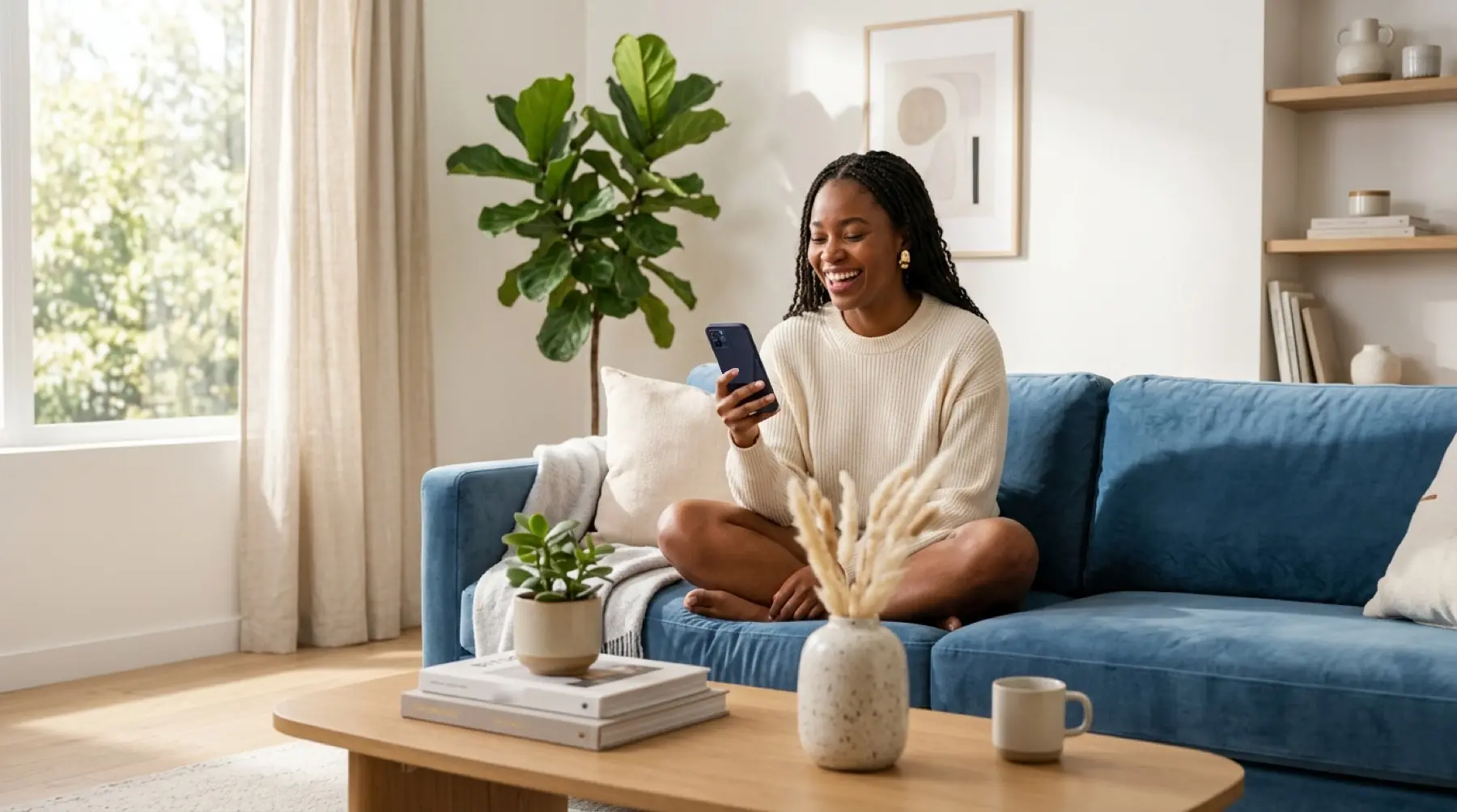 Woman smiling at her phone on a sofa