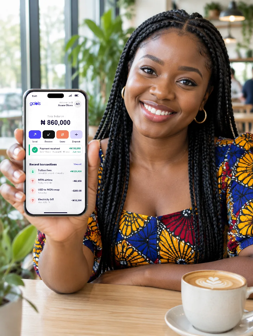 Smiling woman holding up a phone that shows the gabis app with her balance and currencies